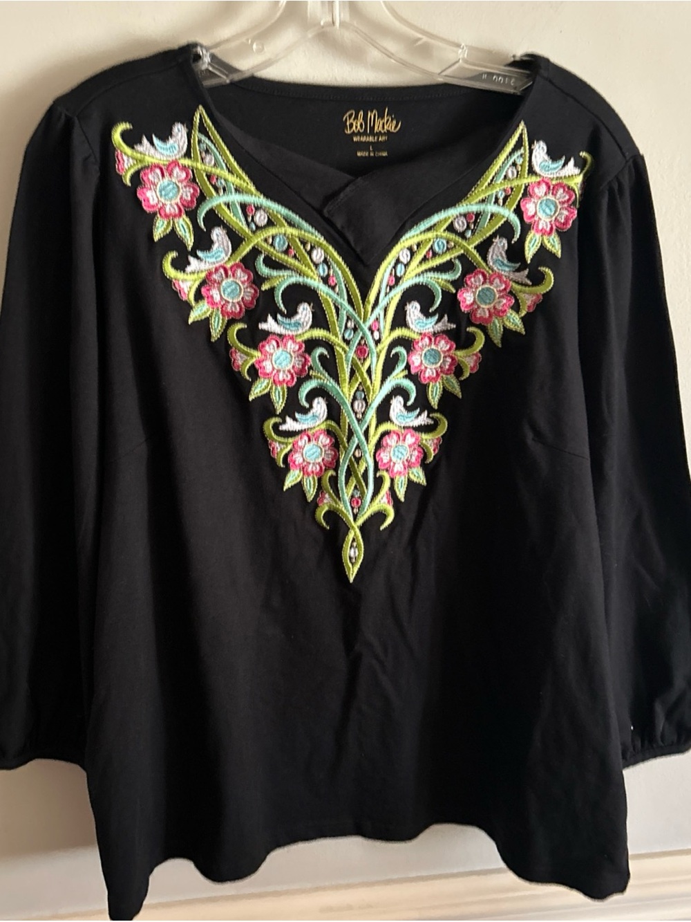 Bob Mackie Black V-Neck Top with Pink & Lime Embroidered Floral Yoke